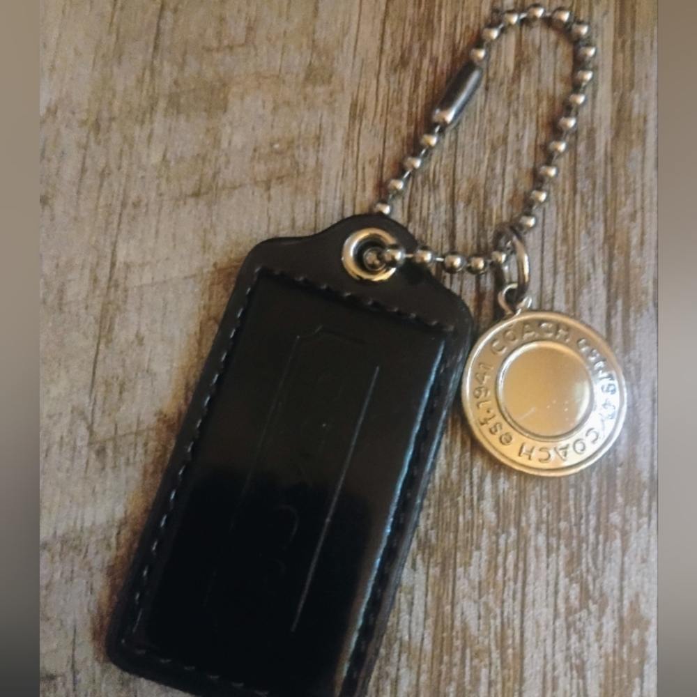 Coach Black Leather Keychain with Silver Tag